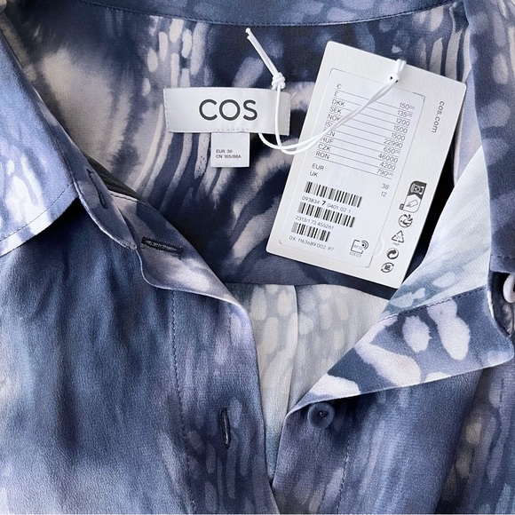 COS Silk Long Sleeve Button Up Shirt Blouse Printed Blue White Small NWT 8 - Picture 9 of 14